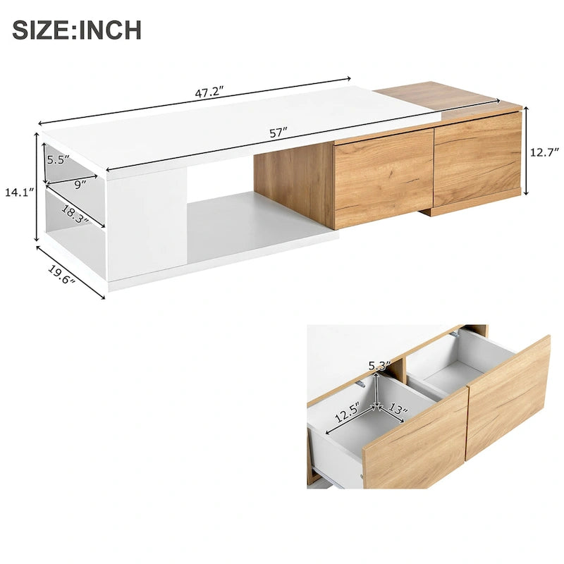 Table basse extensible avec 2 tiroirs de rangement – Design bicolore