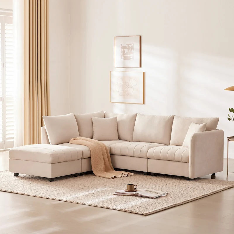 Canapé d'angle moderne en L à rayures verticales, avec pouf et 2 oreillers - Beige
