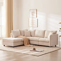 Canapé d'angle moderne en L à rayures verticales, avec pouf et 2 oreillers - Beige