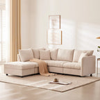 Canapé d'angle moderne en L à rayures verticales, avec pouf et 2 oreillers - Beige
