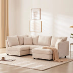 Canapé d'angle moderne en L à rayures verticales, avec pouf et 2 oreillers - Beige