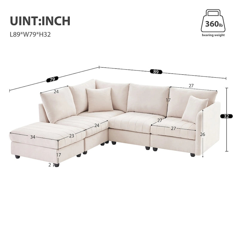 Canapé d'angle moderne en L à rayures verticales, avec pouf et 2 oreillers - Beige