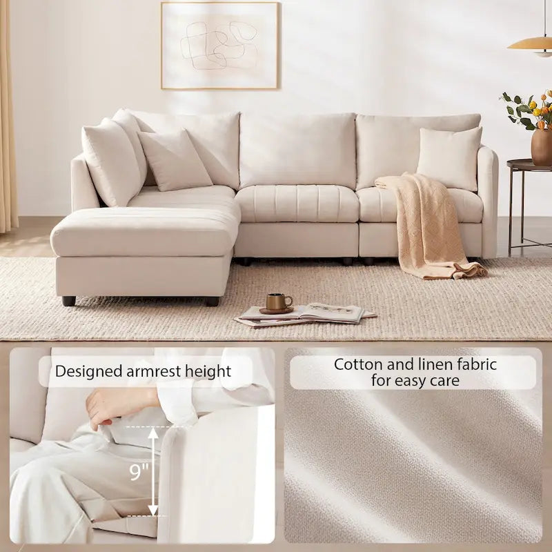 Canapé d'angle moderne en L à rayures verticales, avec pouf et 2 oreillers - Beige