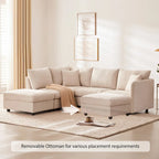 Canapé d'angle moderne en L à rayures verticales, avec pouf et 2 oreillers - Beige