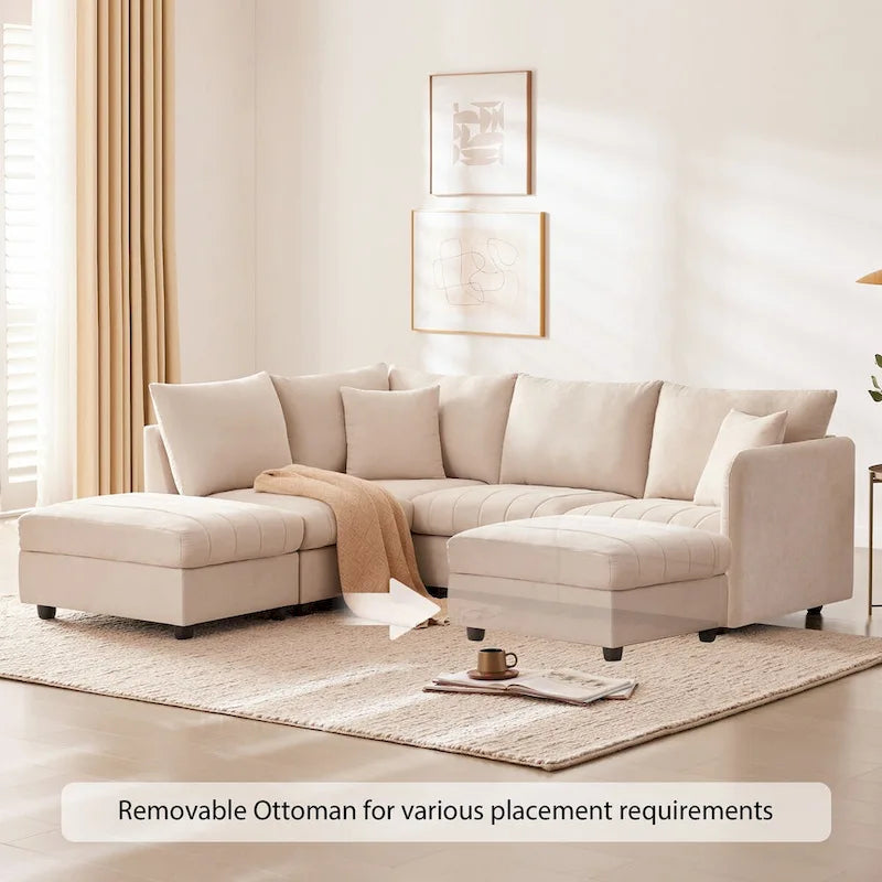 Canapé d'angle moderne en L à rayures verticales, avec pouf et 2 oreillers - Beige