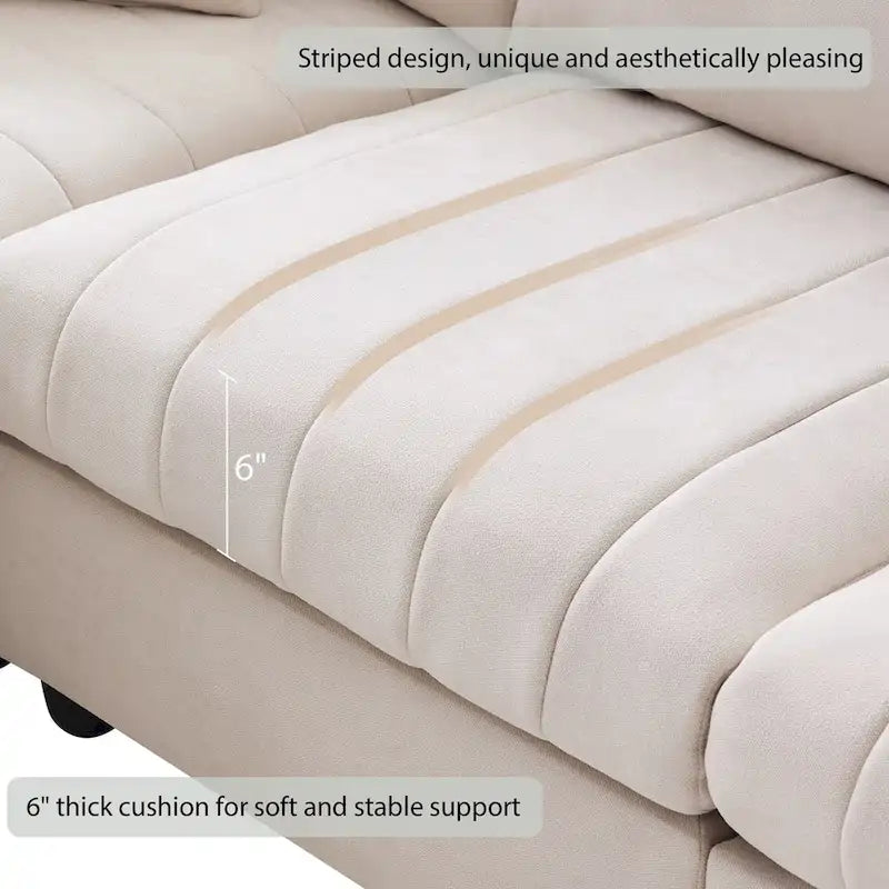 Canapé d'angle moderne en L à rayures verticales, avec pouf et 2 oreillers - Beige