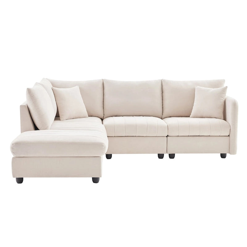 Canapé d'angle moderne en L à rayures verticales, avec pouf et 2 oreillers - Beige