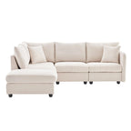 Canapé d'angle moderne en L à rayures verticales, avec pouf et 2 oreillers - Beige