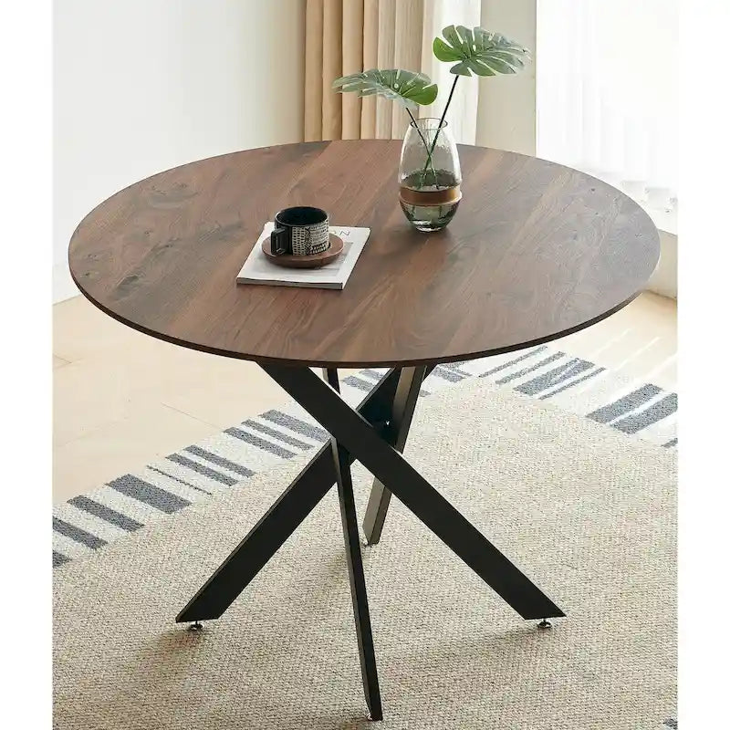 Table à manger ronde sur pied du milieu du siècle avec plateau en MDF et pieds en métal