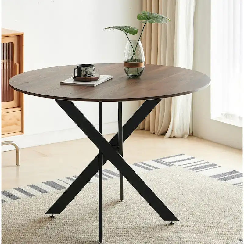 Table à manger ronde sur pied du milieu du siècle avec plateau en MDF et pieds en métal