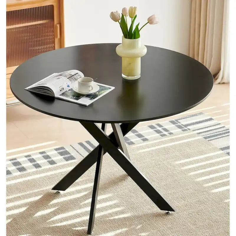 Table à manger ronde sur pied du milieu du siècle avec plateau en MDF et pieds en métal
