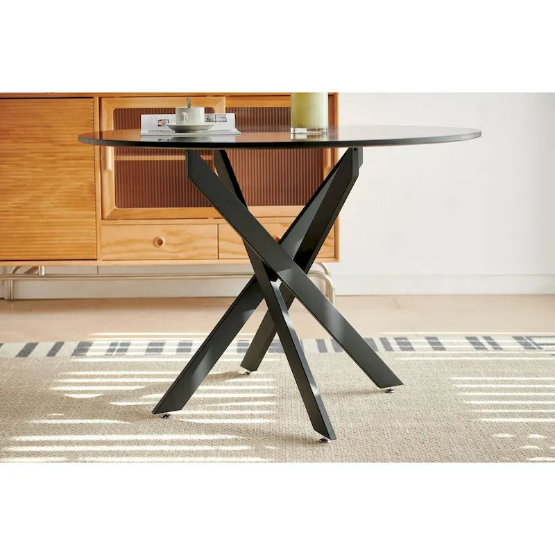Table à manger ronde sur pied du milieu du siècle avec plateau en MDF et pieds en métal