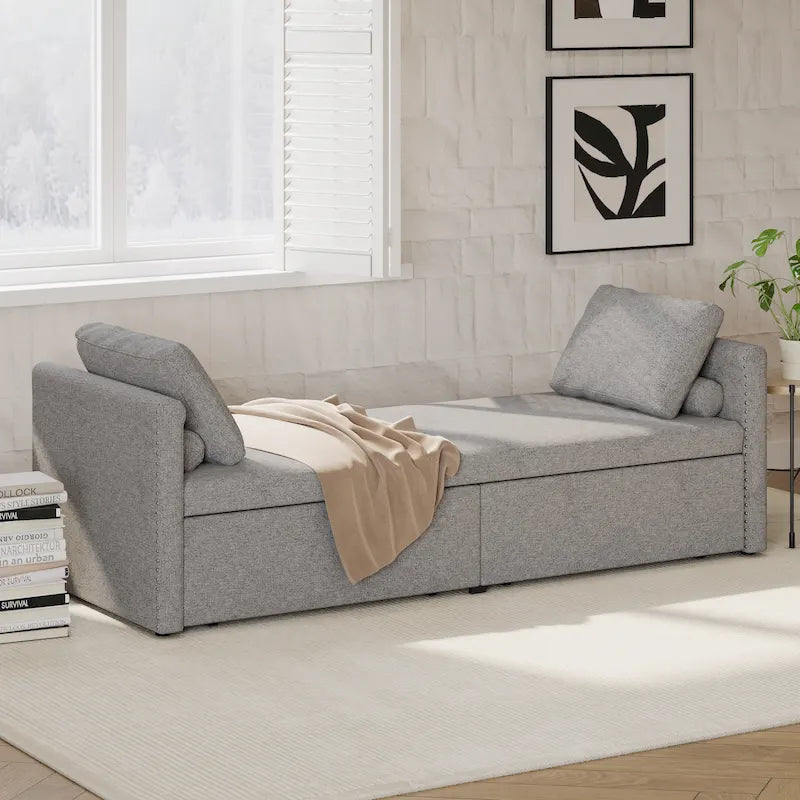 Lit de Repos Moderne en Lin avec 2 Tiroirs de Rangement - Matelas Non Inclus