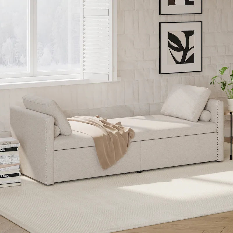 Lit de Repos Moderne en Lin avec 2 Tiroirs de Rangement - Matelas Non Inclus
