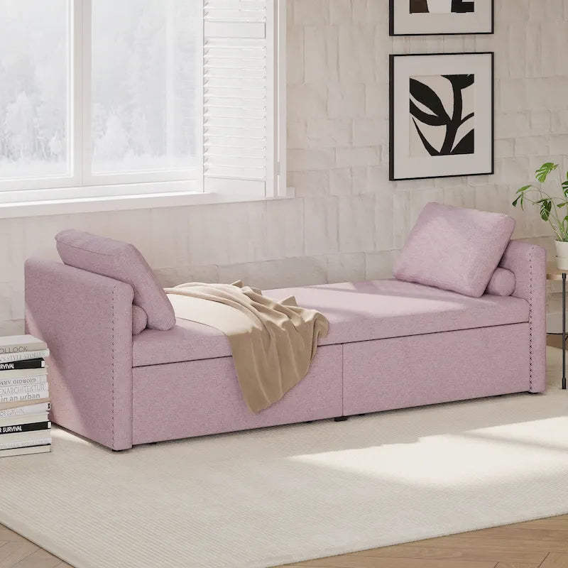 Lit de Repos Moderne en Lin avec 2 Tiroirs de Rangement - Matelas Non Inclus