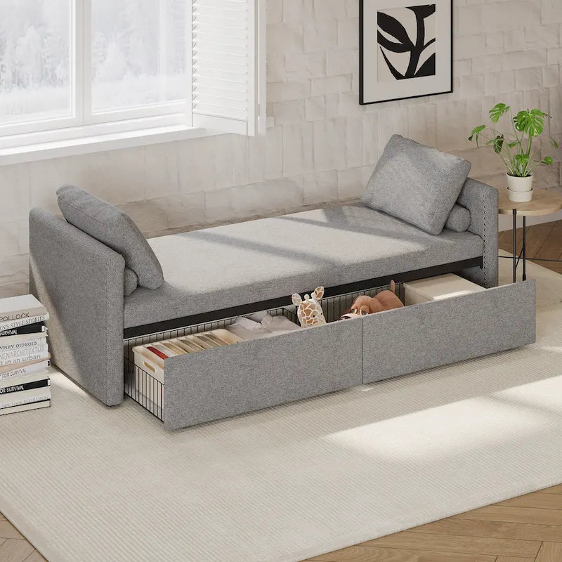 Lit de Repos Moderne en Lin avec 2 Tiroirs de Rangement - Matelas Non Inclus