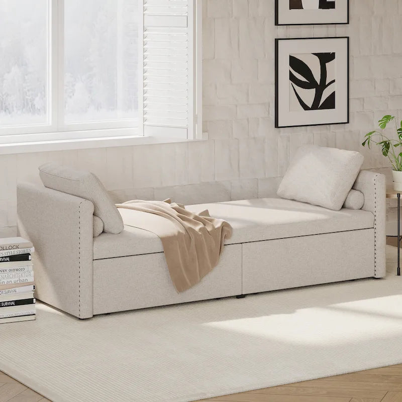 Lit de Repos Moderne en Lin avec 2 Tiroirs de Rangement - Matelas Non Inclus