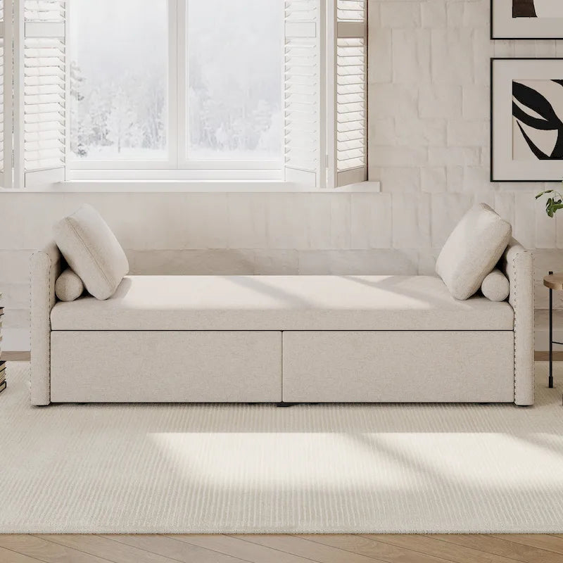 Lit de Repos Moderne en Lin avec 2 Tiroirs de Rangement - Matelas Non Inclus