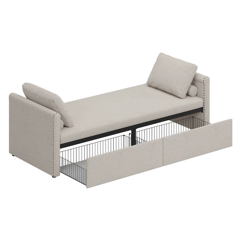 Lit de Repos Moderne en Lin avec 2 Tiroirs de Rangement - Matelas Non Inclus