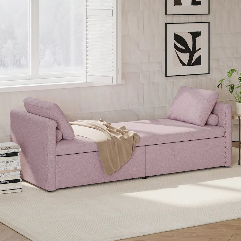 Lit de Repos Moderne en Lin avec 2 Tiroirs de Rangement - Matelas Non Inclus