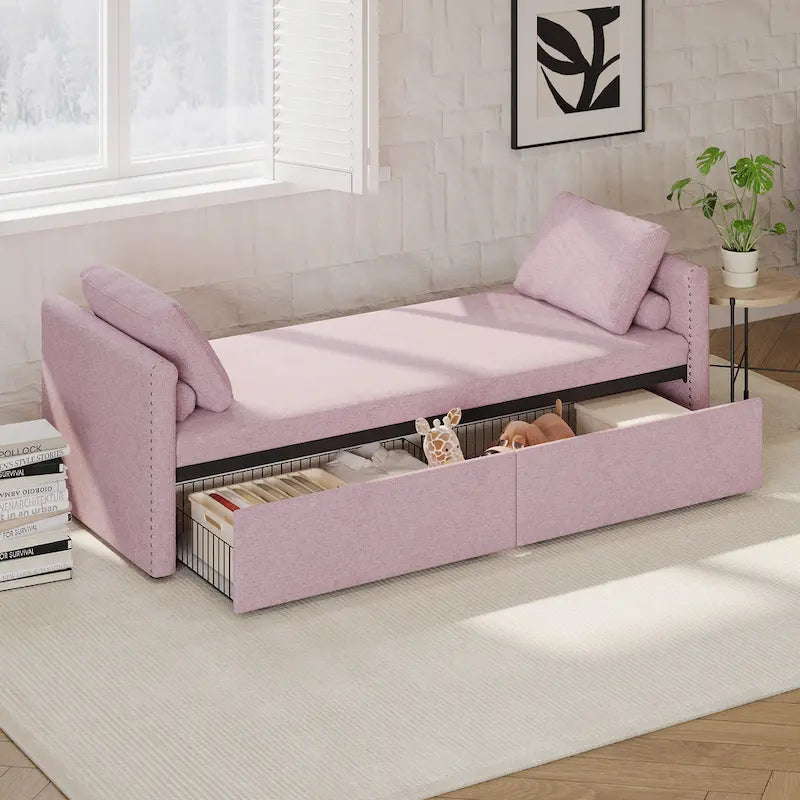 Lit de Repos Moderne en Lin avec 2 Tiroirs de Rangement - Matelas Non Inclus